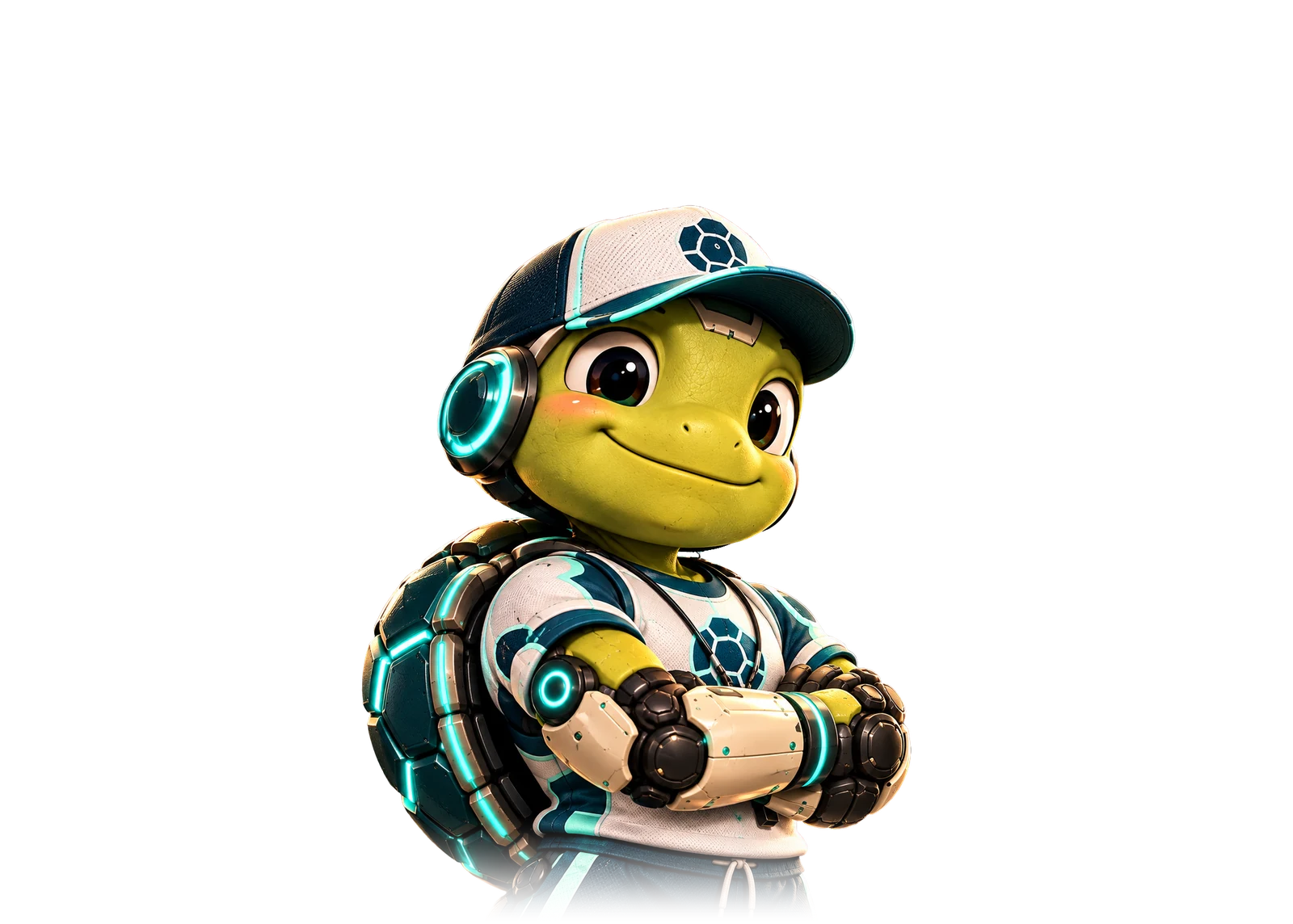 Milton, the turtle mascot, in a Milton cap and jersey with arms crossed