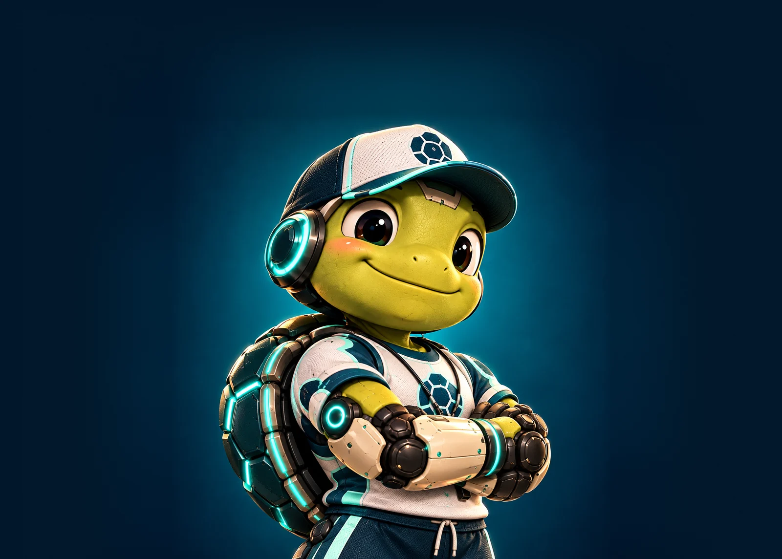 Milton, the turtle mascot, in a Milton cap and jersey with arms crossed