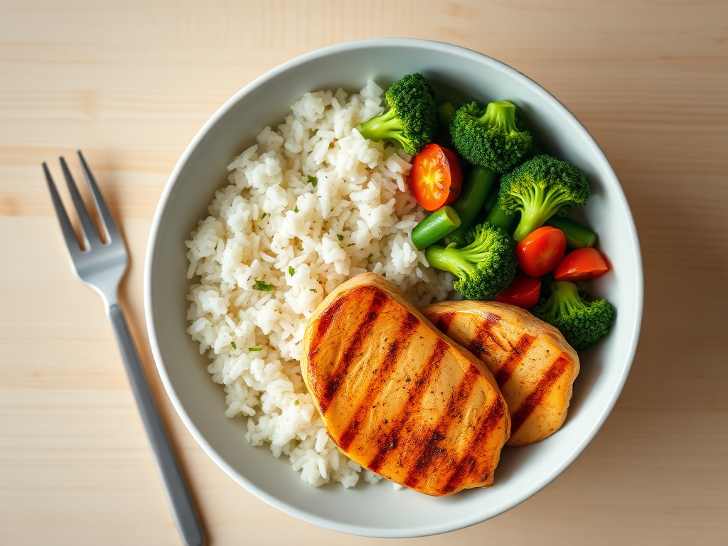 Photo of a grilled chicken, rice, and vegetables lunch